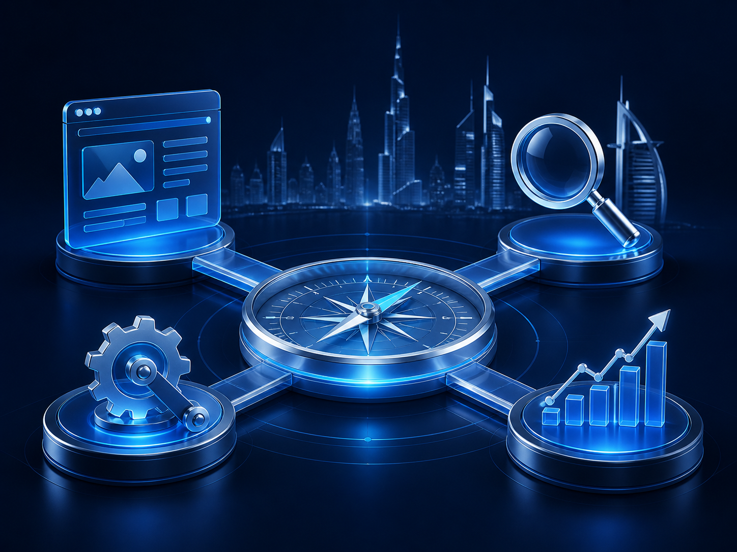 Website, SEO, automation and business growth strategy connected around a commercial compass